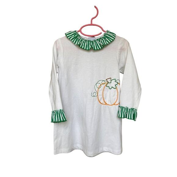 Bailey Boys Pumpkin Embroidered Dress With Green Striped Ruffle Trim Size 5 - Picture 1 of 4